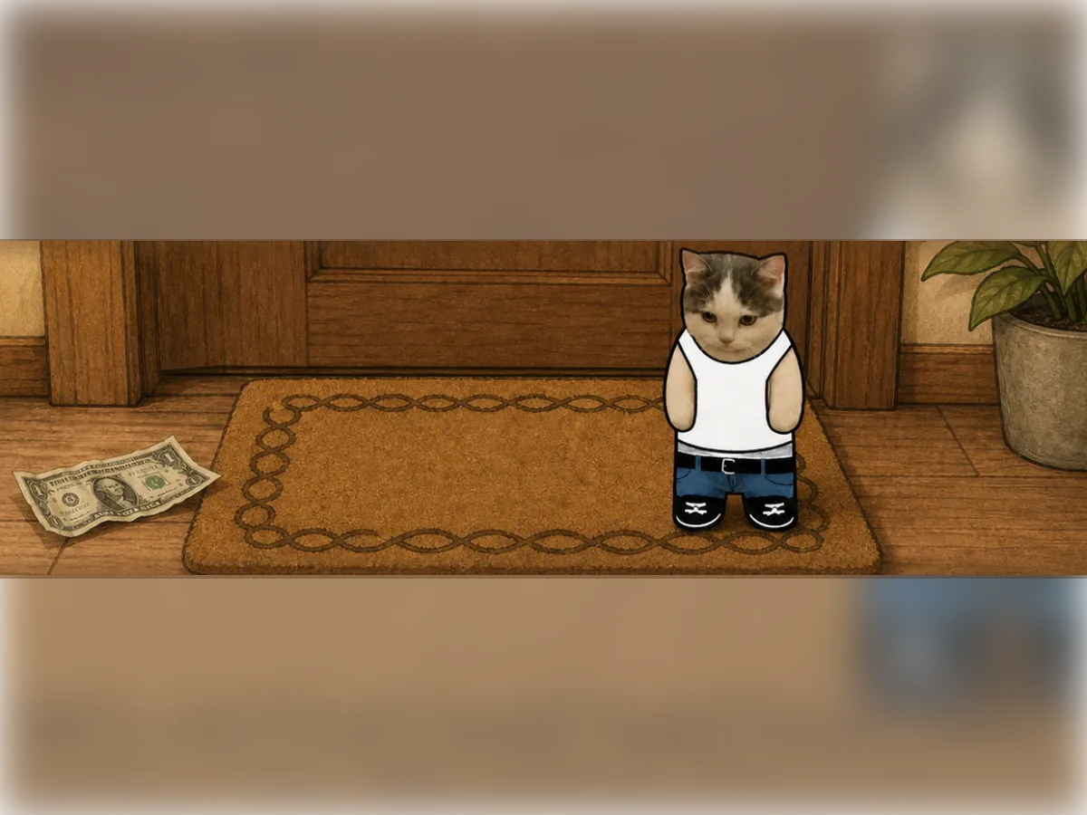 Money Cat by a door with a dollar on the floor