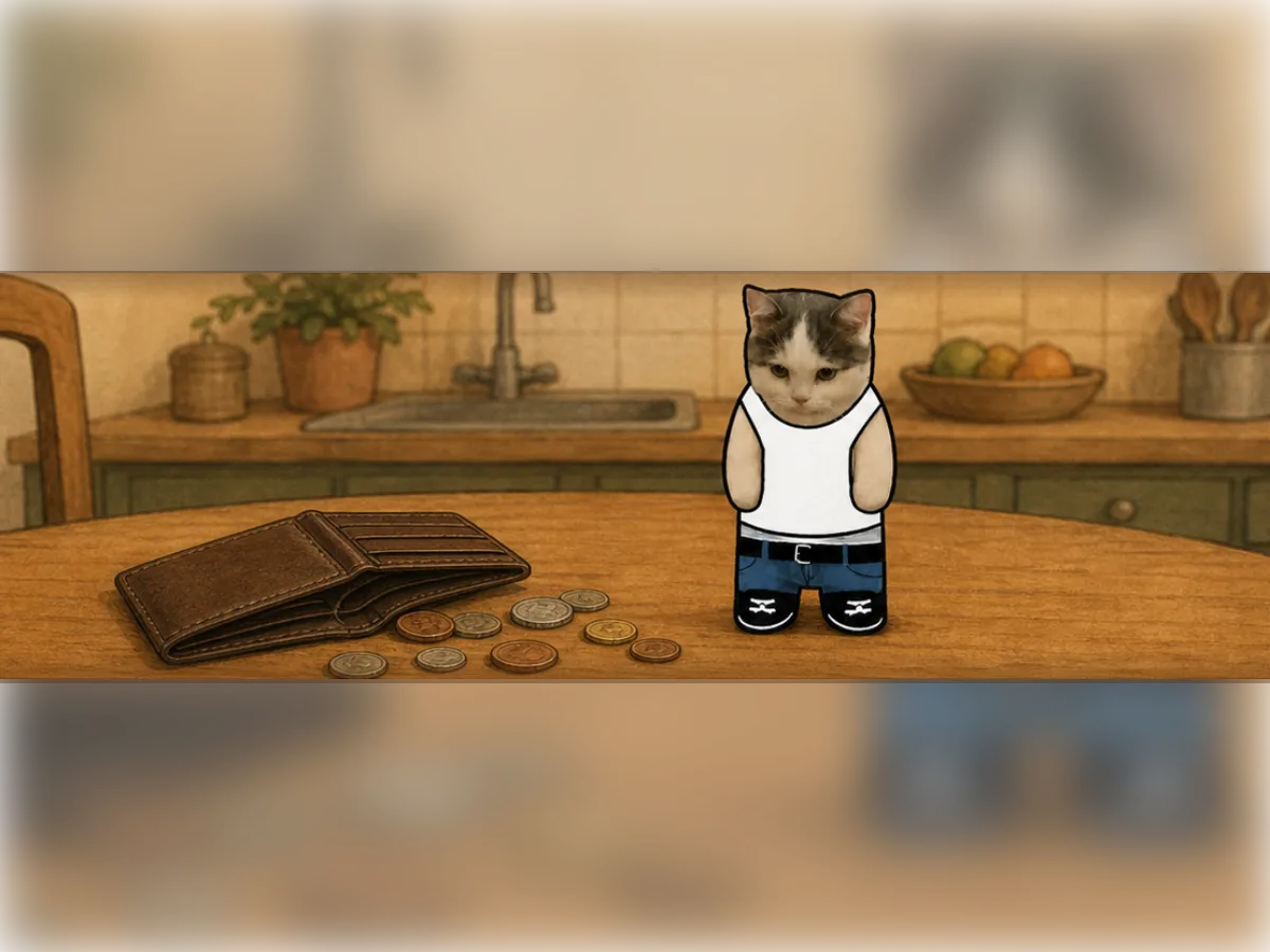 Money Cat beside an open wallet and coins