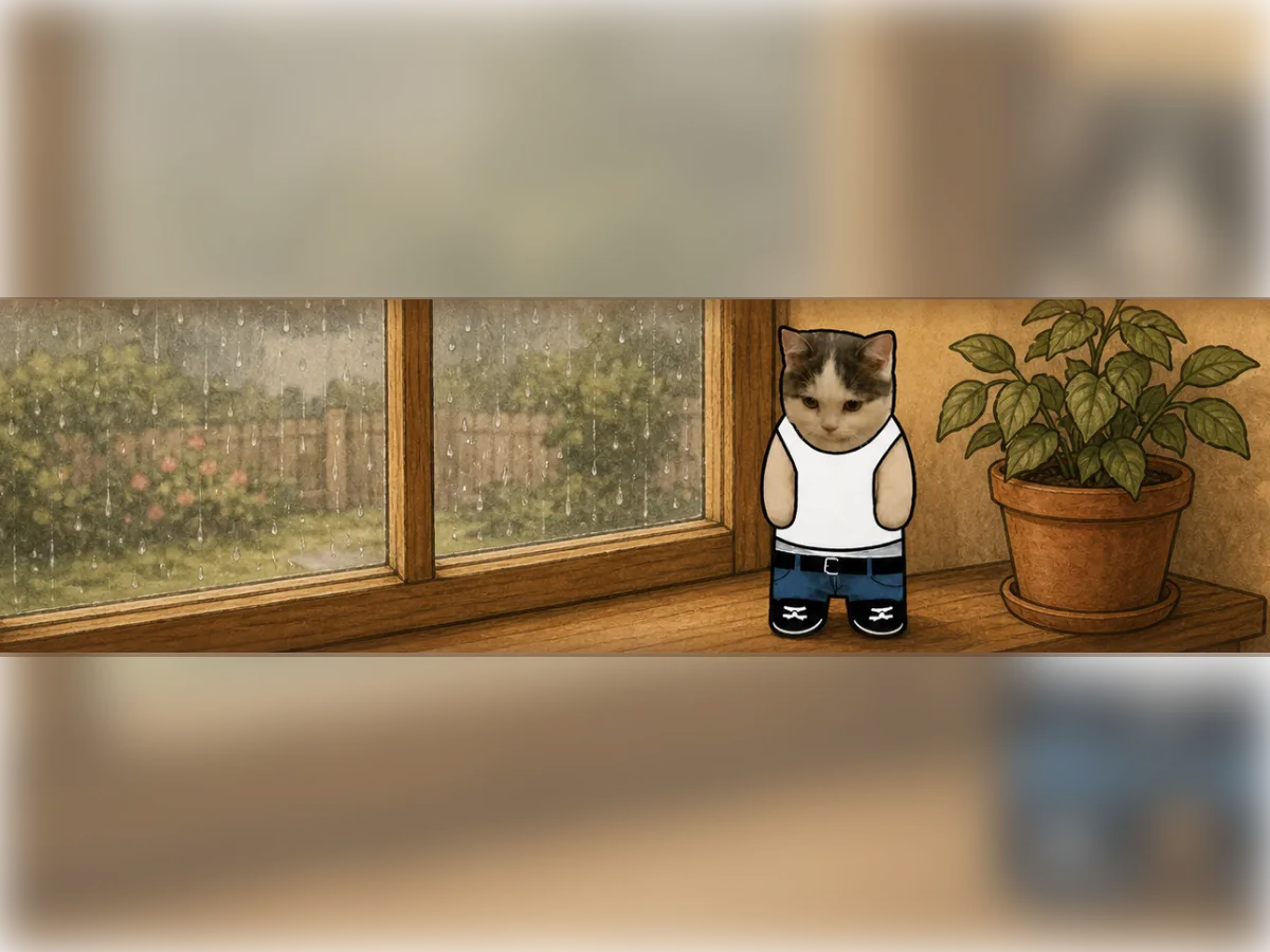 Money Cat standing by a rainy window